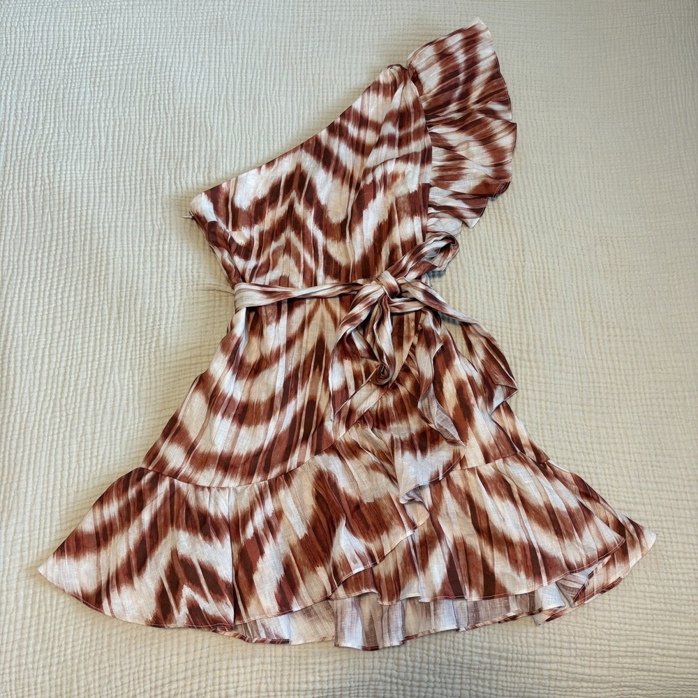 Banana Republic Dress One Shoulder Linen Belted Ruffle Brown White Size 8 Petite
